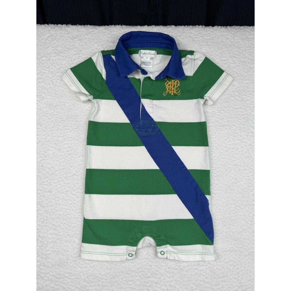 Ralph Lauren Polo Rugby Striped One Piece Toddler 9M - Green White Blue